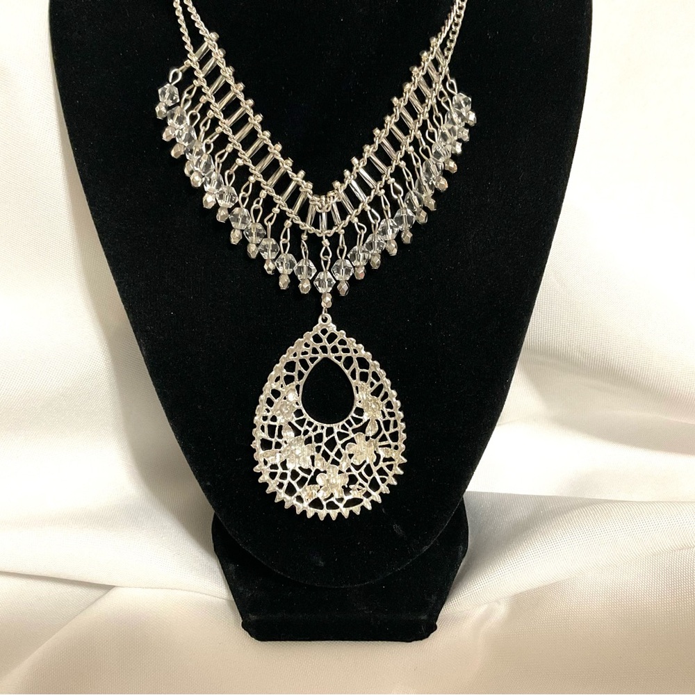Silver Tone Statement Necklace Featuring Rhinestone Beadwork & Crystals - Picture 6 of 6